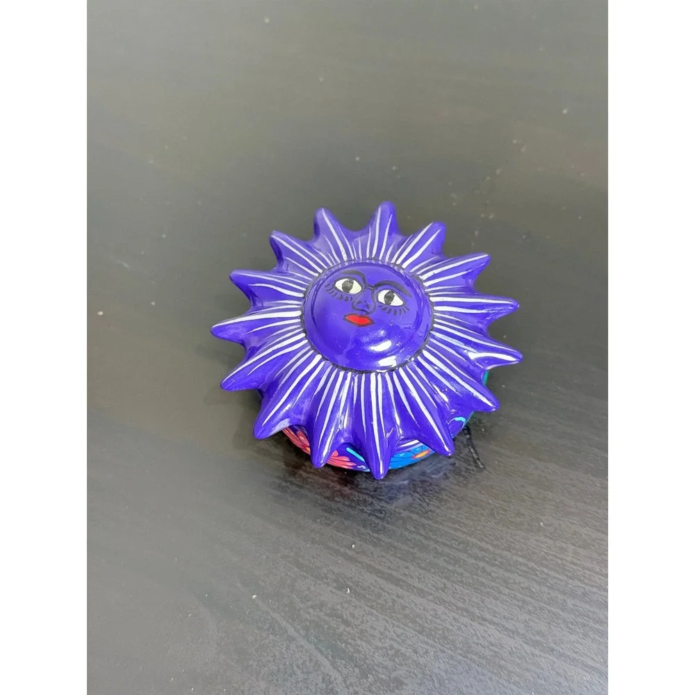 Mexican Folk Art Sun Face Terracotta Trinket Box Purple Floral Hand Painted 4in